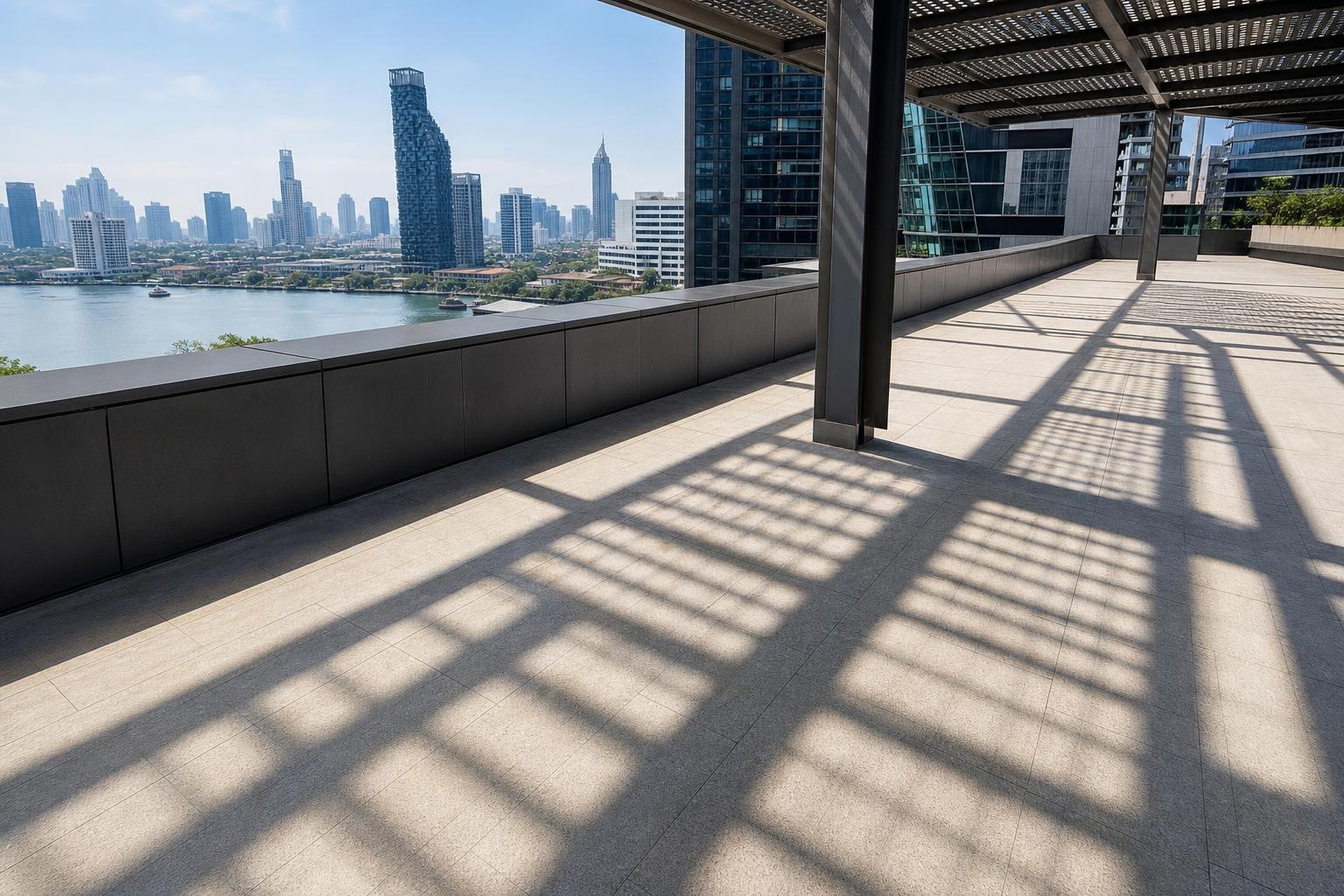 Illustrative shaded rooftop architecture with crisp canopy shadows above a modern Asian city.