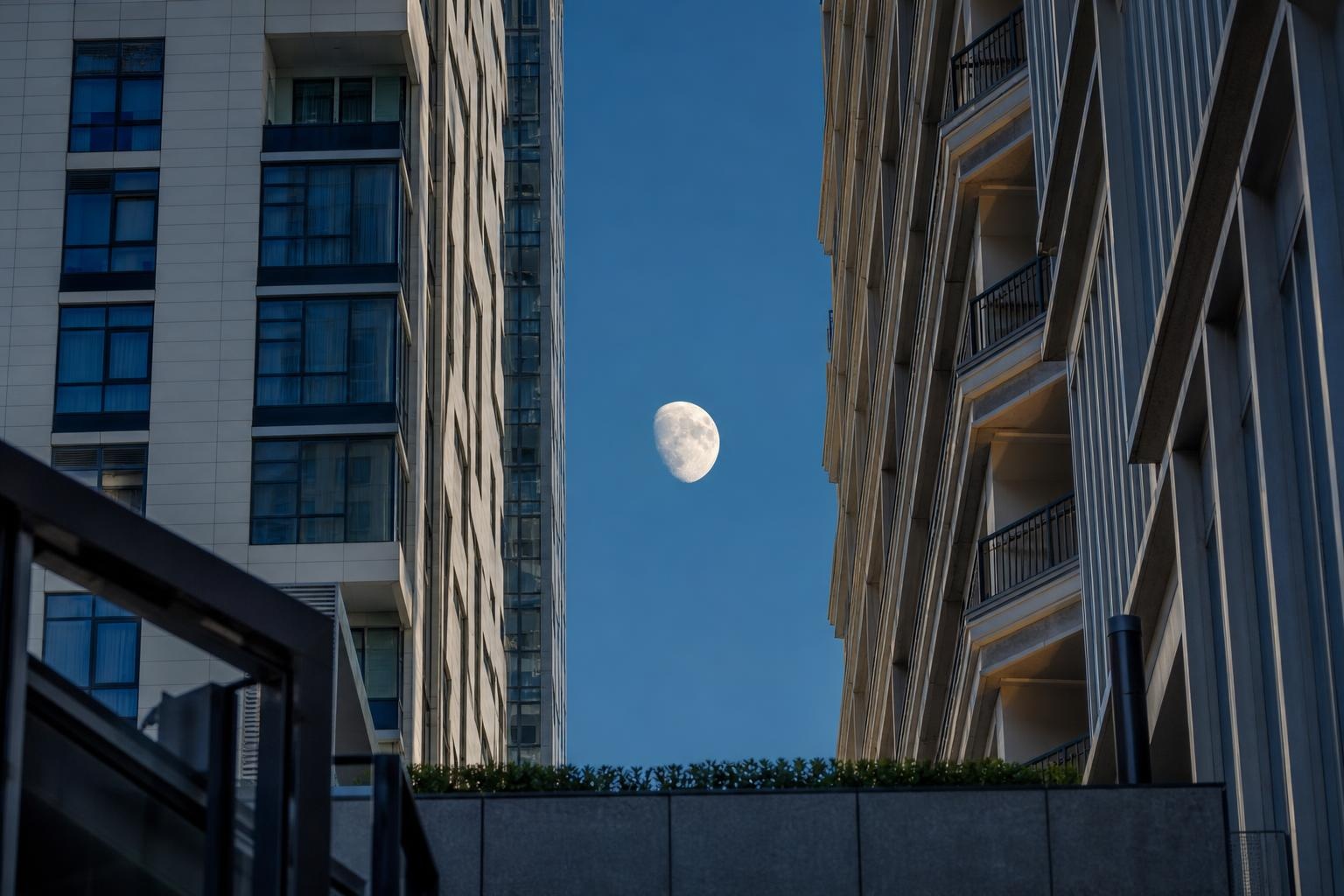 Illustrative daytime Moon framed between modern high-rise buildings.