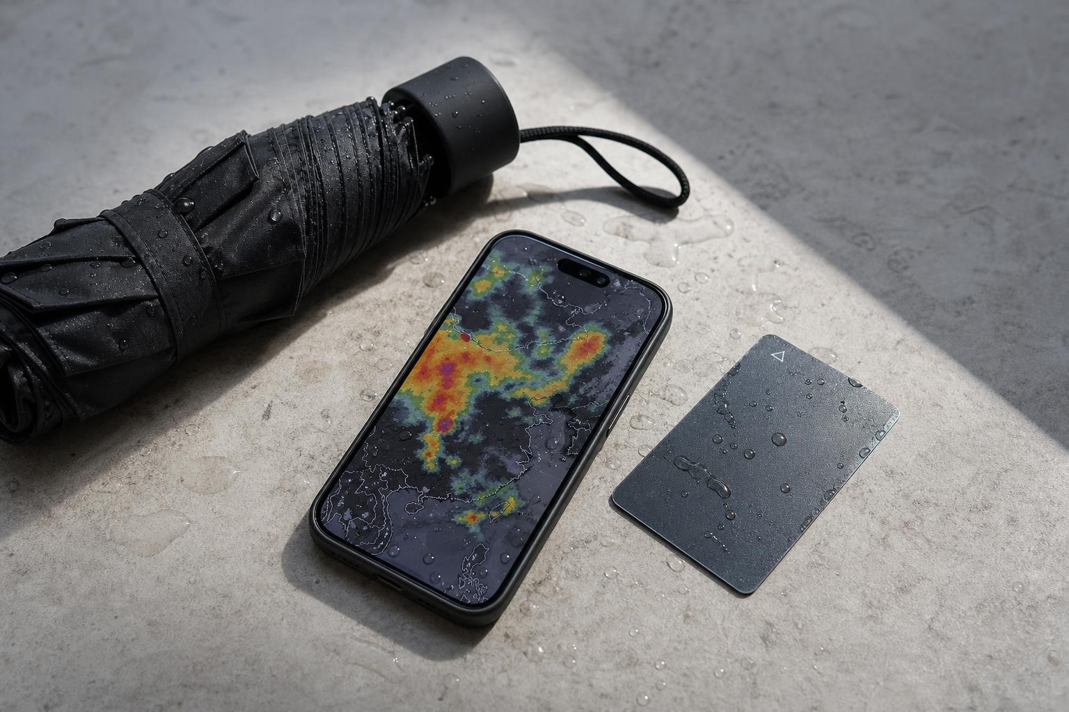 Illustrative folded umbrella, smartphone weather map and hotel keycard on a rain-speckled surface.