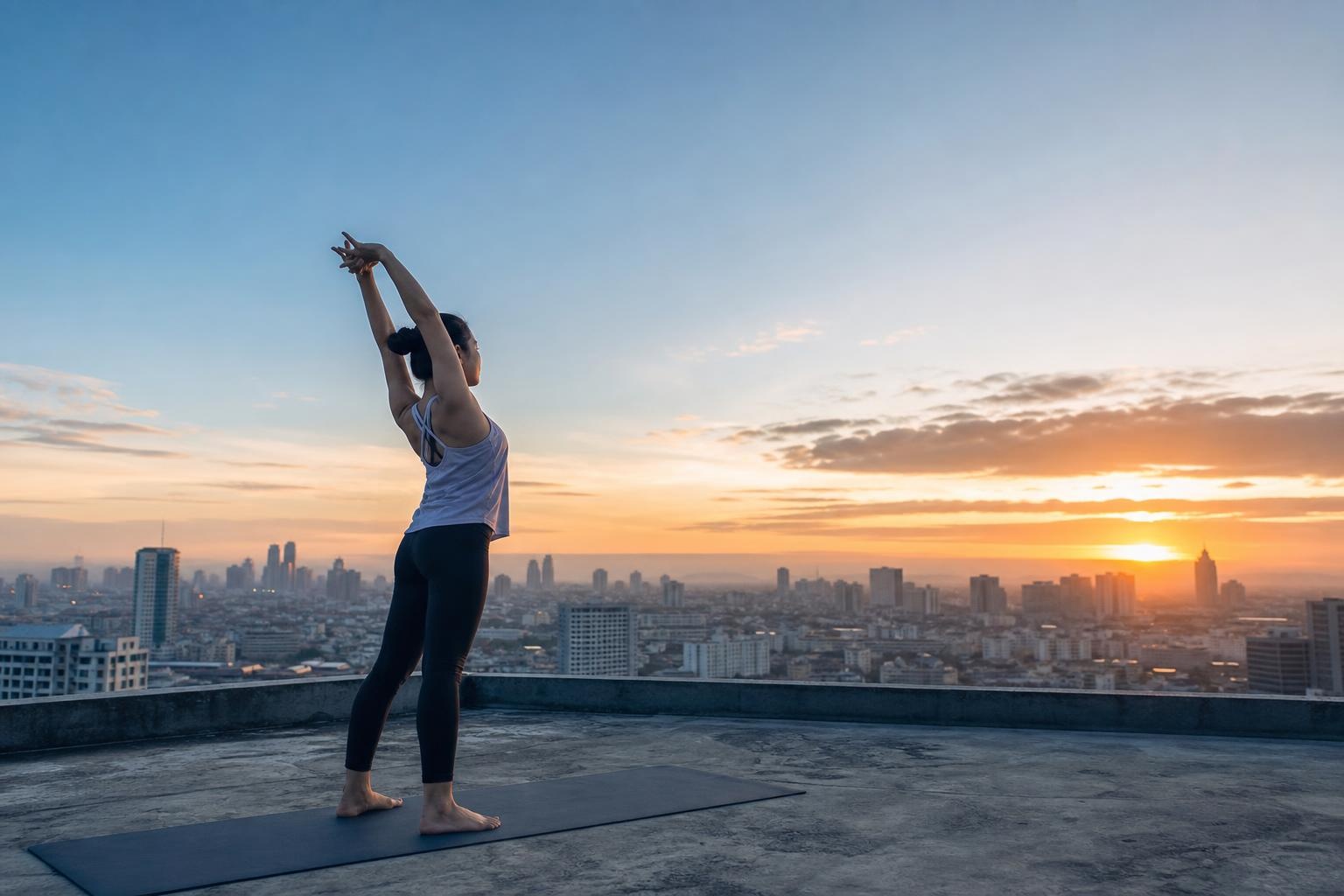 Illustrative woman practising yoga on an anonymous rooftop at sunrise above an Asian city skyline.