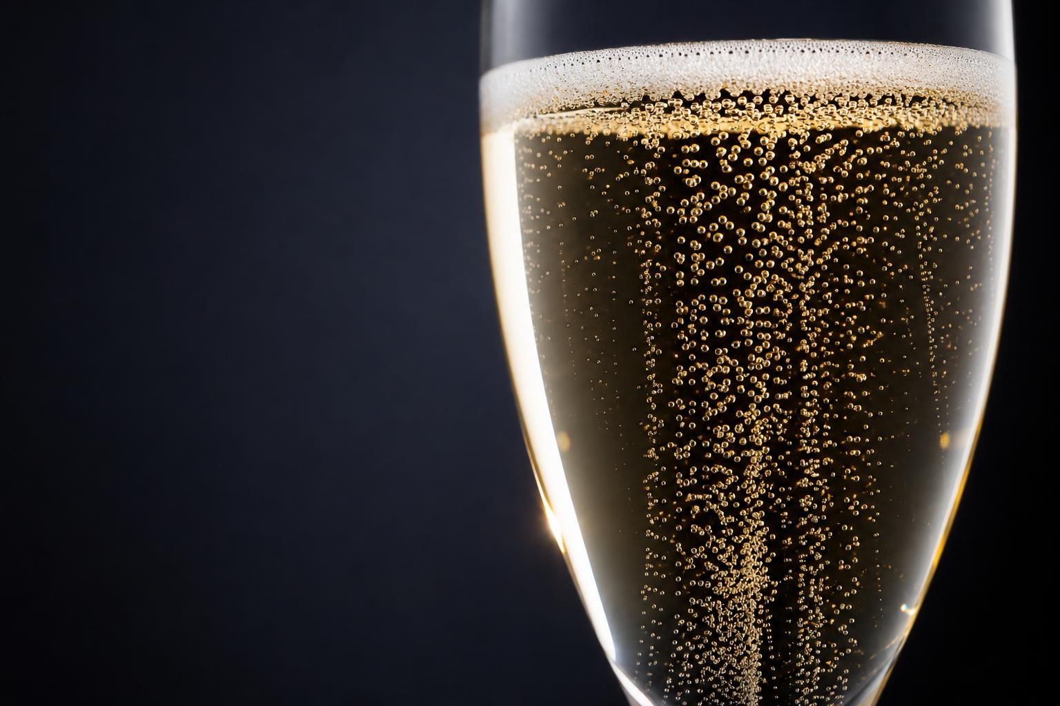 Fine golden bubbles rising through a champagne flute against a dark studio background