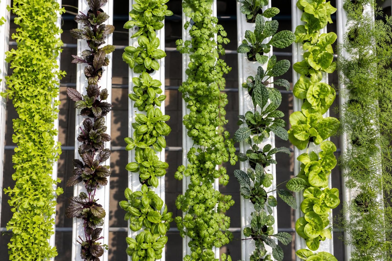 Illustrative overhead view of leafy greens and herbs growing in hydroponic channels.