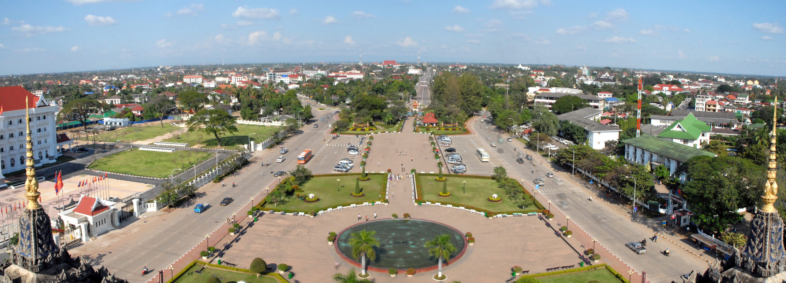 Daylight panorama of Vientiane along Lane Xang Avenue, viewed from Patuxai